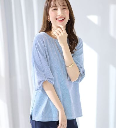 alotta（アロッタ）の「さらっと軽い綿混ストライプ袖タックプルオーバー（ブラウス）」
