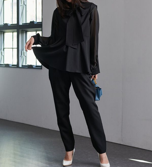 【3点SET】フレアシアートップ+タイリボンテーラードジレ+フロントスリットPT セットアップ＞シアースリーブフレアートップスパンツセット