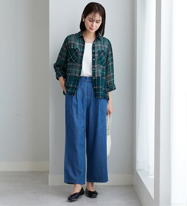 BELLUNA（ベルーナ）の「シフォン楊柳チェック柄プリントシャツ（シャツ）」｜詳細画像