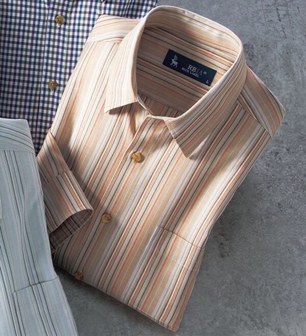 「＜カルビア＞着心地快適！楽ちんストレッチシャツ（メンズシャツ）」｜ベージュストライプ