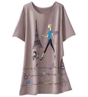 BELLUNA（ベルーナ）の「綿・テンセル（ＴＭ）繊維ロング丈プリントＴシャツ（Tシャツ）」｜パリジェンヌ柄