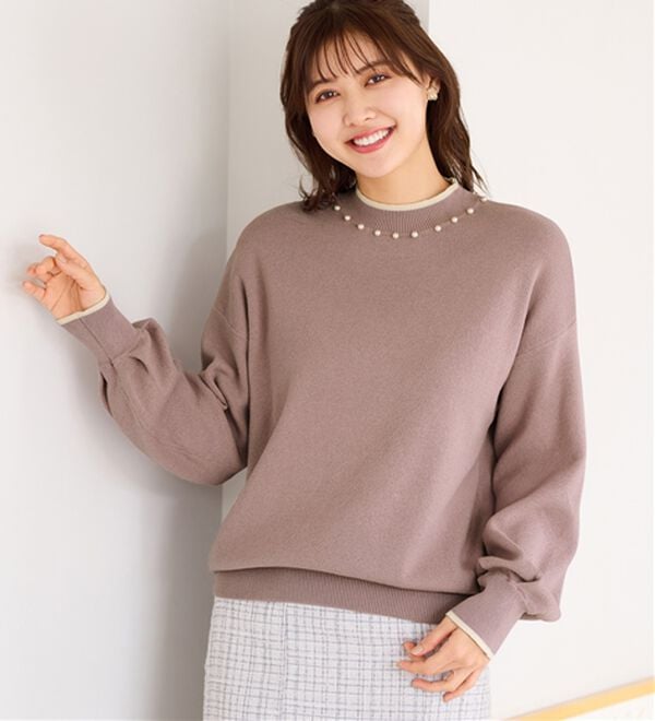 alotta（アロッタ）の「衿元パール調配色ミラノリブニット（ニット・セーター）」｜詳細画像