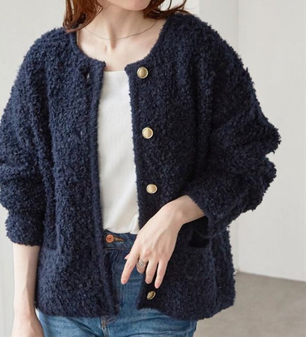 RANAN（ラナン）の「ゴールド調ボタンループ編みニットジャケット（ニットカーディガン）」｜詳細画像