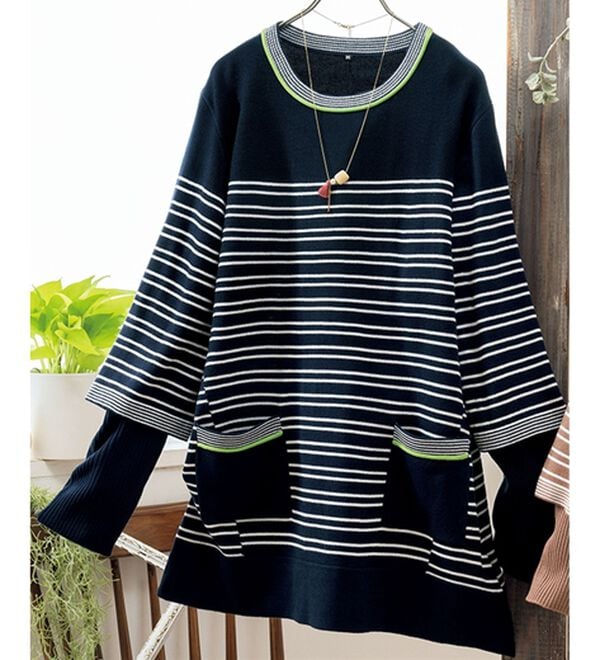 ルフラン（ルフラン）の「重ね着風ボーダーニットチュニック＜ミレット＞（ニット・セーター）」｜ネイビー系