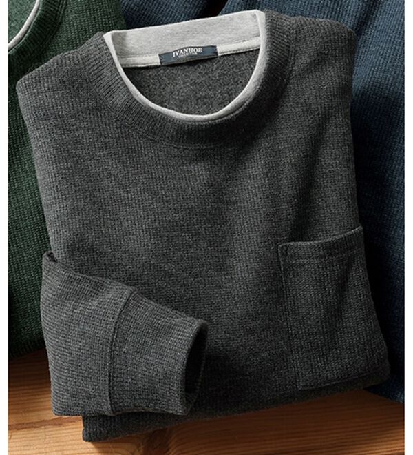 「重ね着手間いらずの上品見え杢調ニットトレーナー（メンズトレーナー）」｜杢グレー