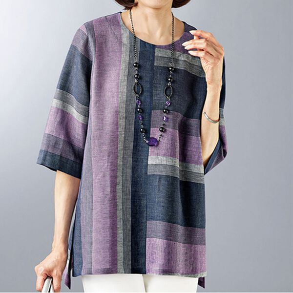 BELLUNA（ベルーナ）の「麻トリアセテート素材切替ブラウス(ネックレス付)（ブラウス）」｜パープル系