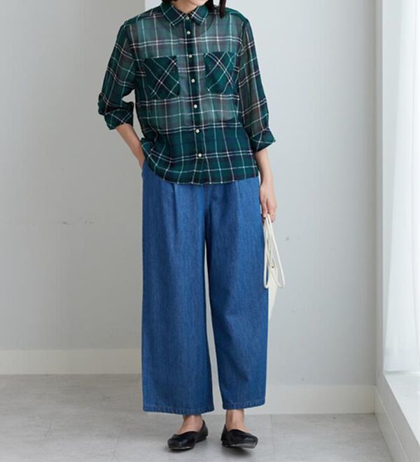 BELLUNA（ベルーナ）の「シフォン楊柳チェック柄プリントシャツ（シャツ）」｜詳細画像