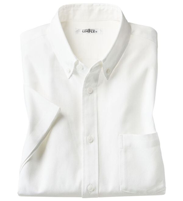 「＜シンプル＆プラス＞お手入れ簡単オックスフォードシャツ（メンズシャツ）」｜ホワイト 半袖