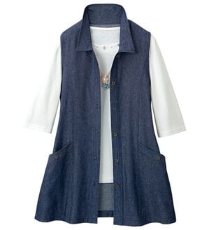 「すっきり見えるデニムロングベスト（ベスト）」｜ネイビー