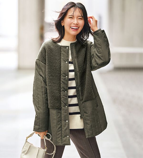 BELLUNA（ベルーナ）の「ボア切替キルトデザインミドル丈コート（ハーフコート）」｜カーキ