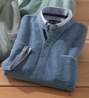 「＜カルビア＞麻入り７分袖ダブル衿ポロ（メンズポロシャツ）」｜ネイビ－