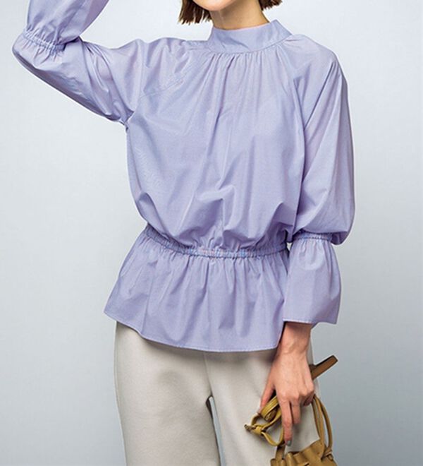 VINNO（ヴィノ）の「ハイネックシャーリングストライプブラウス（ブラウス）」｜ブルー系