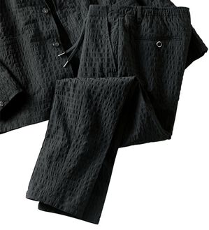 「【おじフェス着用】ランダムサッカーサマーセットアップ　スラックス（メンズフルレングスパンツ）」｜ブラック 股下73cm