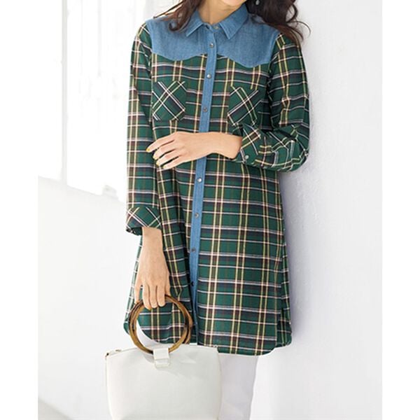 BELLUNA（ベルーナ）の「グリーンが映えるチェック切替シャツチュニック（チュニック）」｜詳細画像
