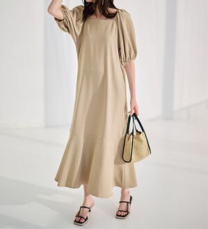 RANAN（ラナン）の「ひんやり！スクエアネックボリューム袖ワンピース（その他ワンピース）」｜ベージュ