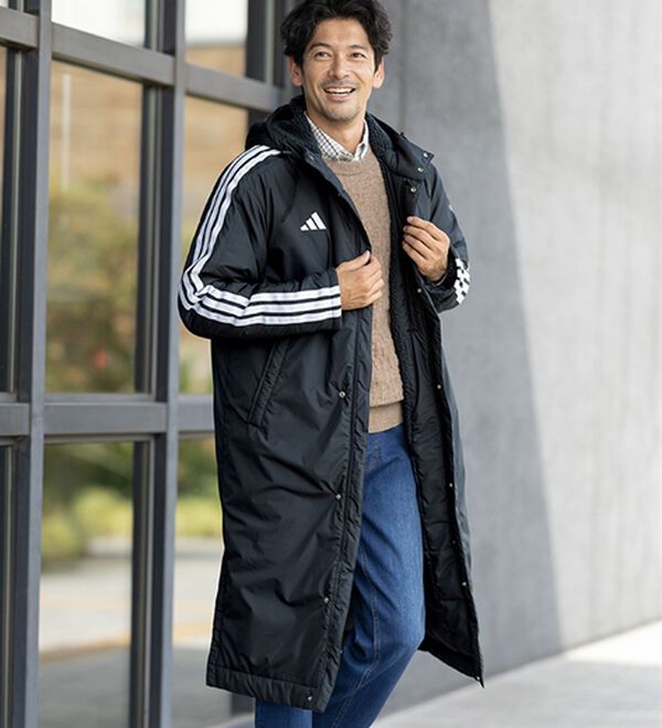 「＜アディダス＞Ｍ　ＭＨ　３Ｓ　ロングボアコート（メンズコート）」｜ブラック／ホワイト