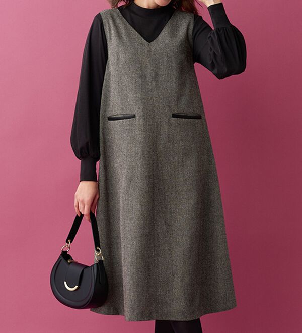 BELLUNA（ベルーナ）の「ツイード素材合皮使いジャンパードレス（ジャンパースカート）」｜詳細画像