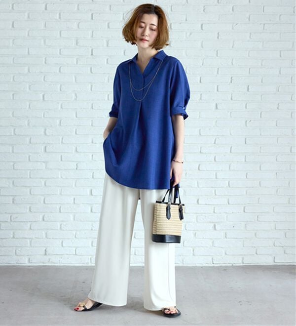 BELLUNA（ベルーナ）の「【接触冷感】麻調素材袖パール付シャツチュニック（チュニック）」｜詳細画像