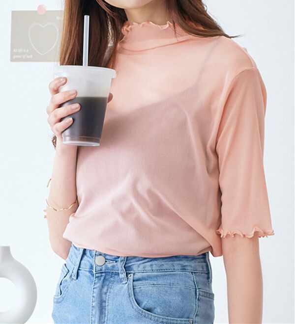 alotta（アロッタ）の「接触冷感ハイネックシアートップス（カットソー）」｜ピンク