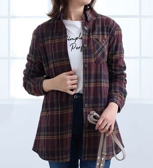 BELLUNA（ベルーナ）の「裏フリース素材チェック柄シャツジャケット（シャツ）」｜ワイン系