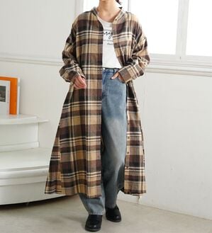 A HAPPY MARILYN（アハッピーマリリン）の「【ＬＬ～８Ｌ】フランネル チェック 細魅せ シャツワンピース（シャツワンピース）」｜グレージュ