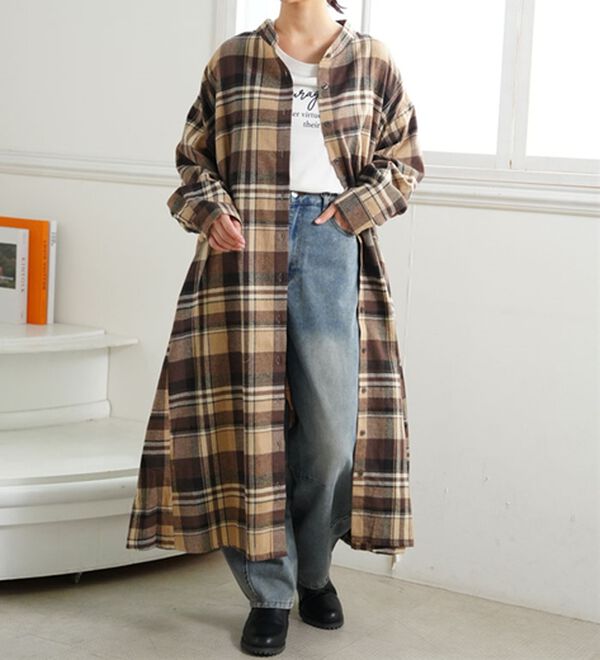 LL～8L】フランネル チェック 細魅せ シャツワンピース - ベルーナ