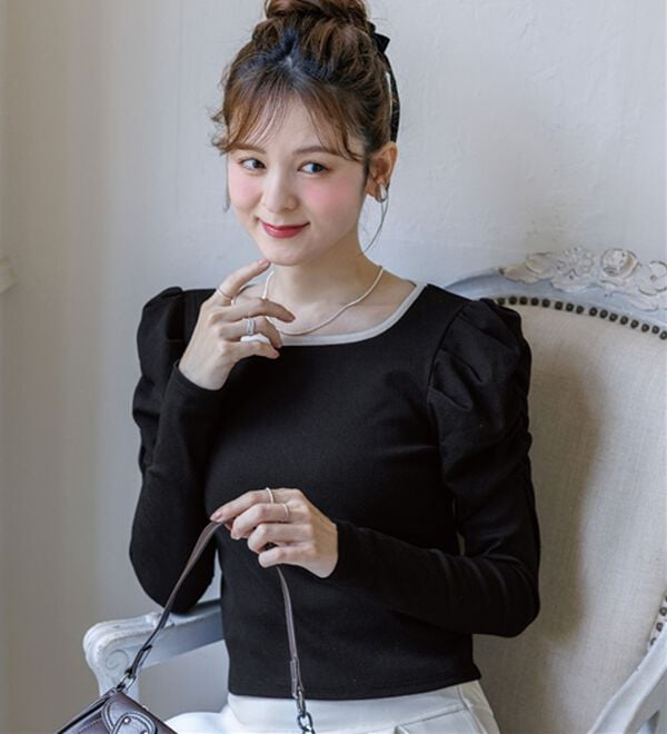 alotta（アロッタ）の「【Corie】配色パワショルリブトップス（カットソー）」｜詳細画像