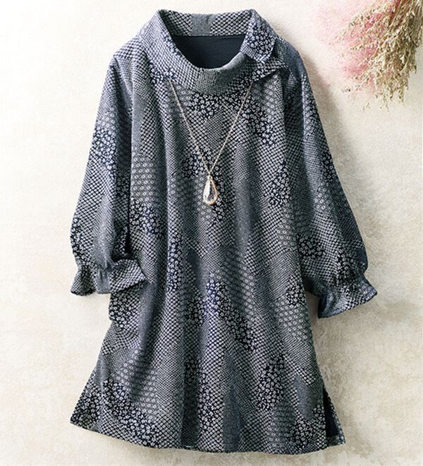 ルフラン（ルフラン）の「日本製衿デザインニットちりめんチュニック（チュニック）」｜紺系