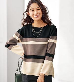 BELLUNA（ベルーナ）の「ミラノリブ配色ボーダーニットプルオーバー（ニット・セーター）」｜詳細画像