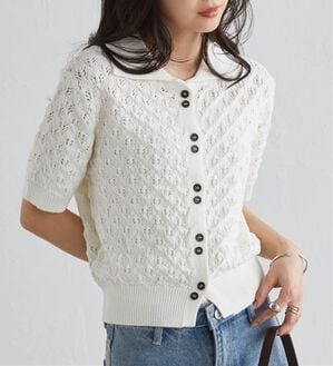 RANAN（ラナン）の「透かし柄サマーニットポロカーデ（ニット・セーター）」｜オフホワイト