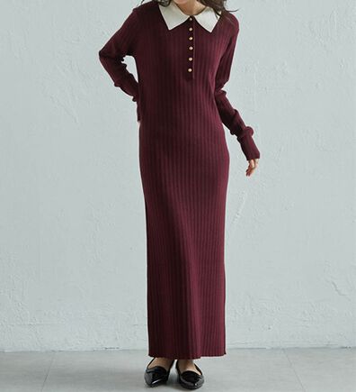 RANAN（ラナン）の「ポロカラーリブニットワンピース（ロングワンピース）」