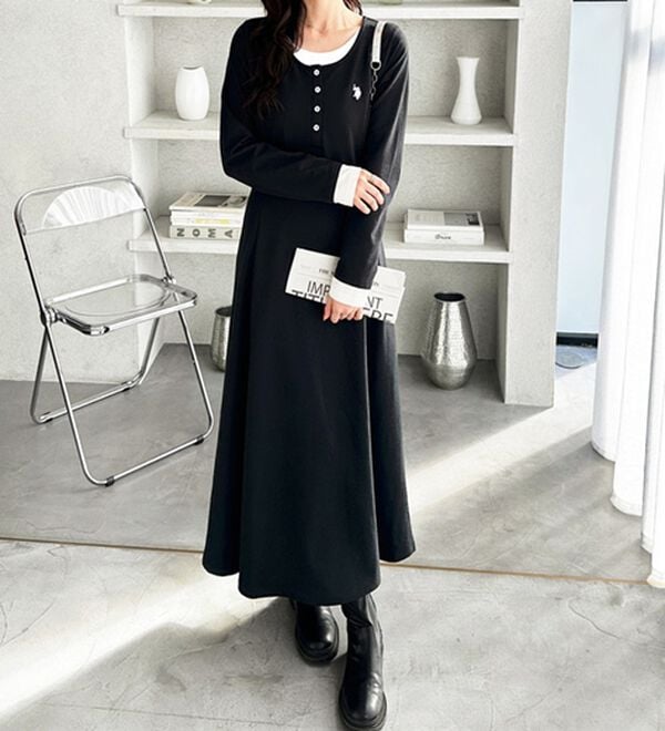 GeeRA（ジーラ）の「【U.S.POLOASSN】レイヤード風ヘンリーネックワンピース（カットソーワンピース）」｜ブラック系