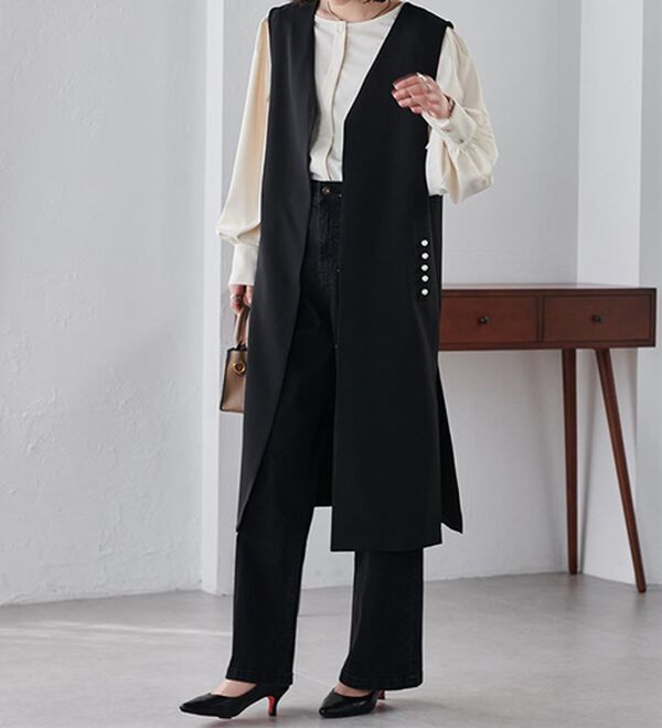 RANAN（ラナン）の「【セットアップ対応】パール調ビジュー付ロングジレ（ジレ）」｜詳細画像