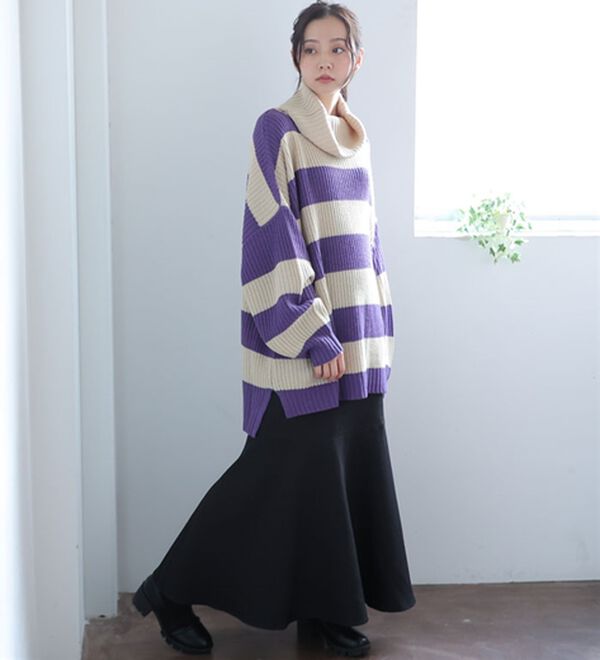 「【ＬＬ～４Ｌ】オフタートルワイドボーダーニットプルオーバー（ニット・セーター）」｜詳細画像