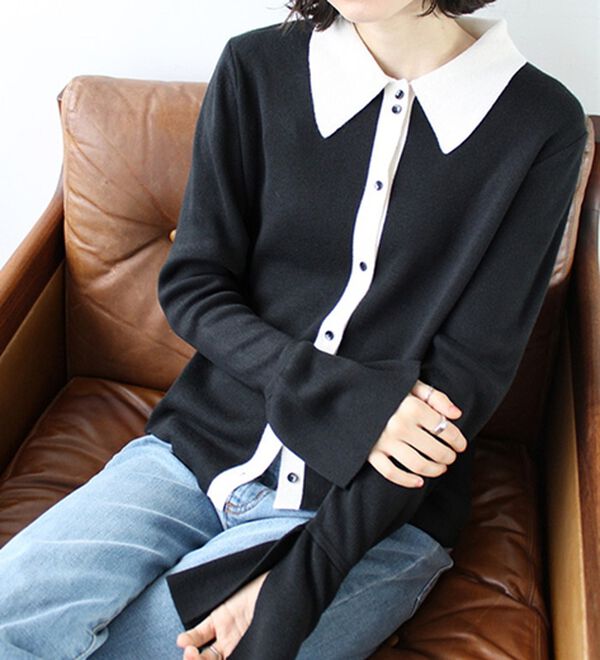 GeeRA（ジーラ）の「ポロ衿配色ニットカーディガン（ニットカーディガン）」｜ブラック系