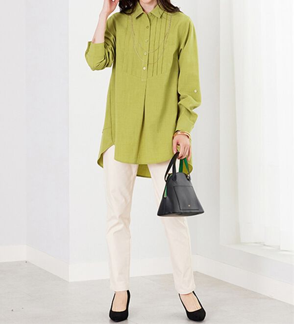 BELLUNA（ベルーナ）の「麻調素材タックデザインシャツチュニック（チュニック）」｜詳細画像