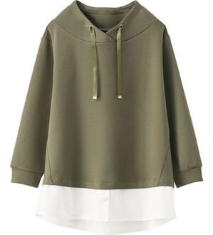 BELLUNA（ベルーナ）の「ワイドネックデザインシャツ切替チュニック（チュニック）」｜オリーブ／白