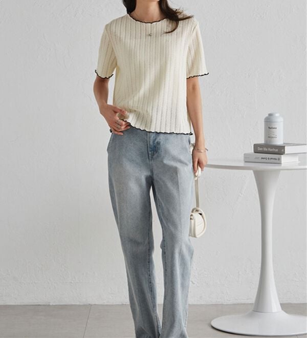 RANAN（ラナン）の「透かし柄メロー配色Ｔシャツ（カットソー）」｜詳細画像