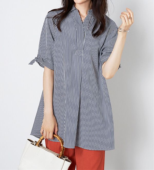 BELLUNA（ベルーナ）の「【接触冷感】麻調素材袖リボン使いシャツチュニック（チュニック）」｜詳細画像