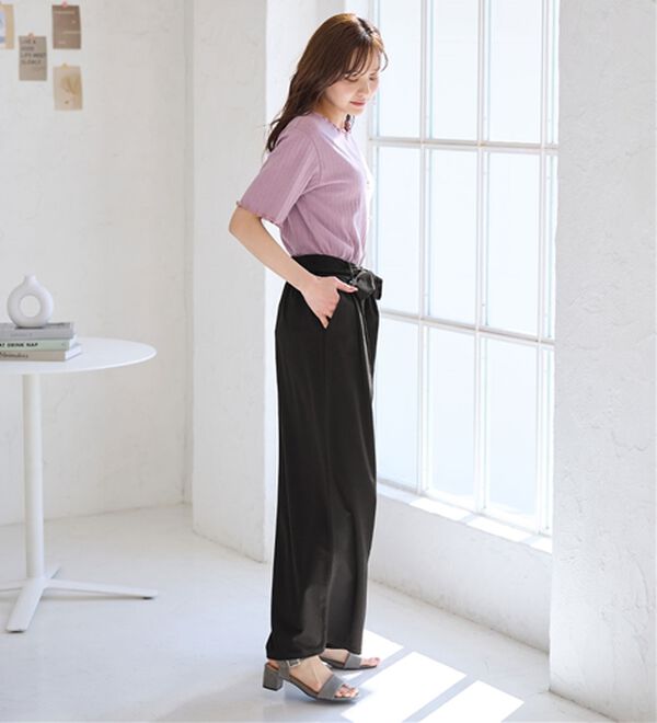 alotta（アロッタ）の「【４つの機能付】ひんやり共布リボン付ワイドパンツ（ワイドパンツ・ガウチョ）」｜詳細画像