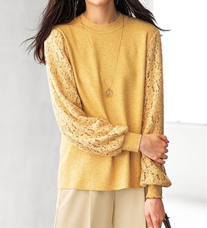 BELLUNA（ベルーナ）の「袖起毛レースニットプルオーバー（ニット・セーター）」｜ベージュ