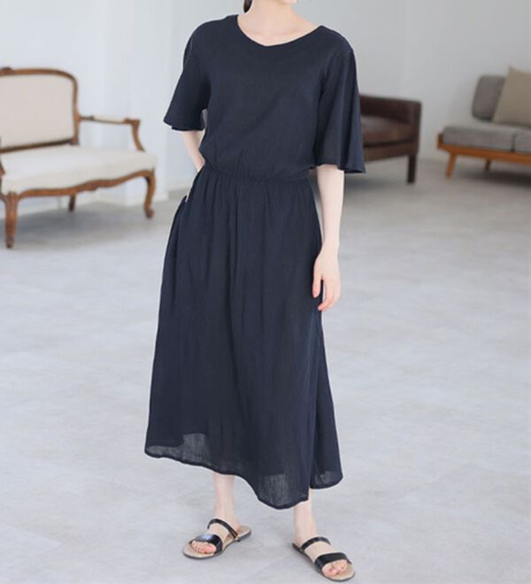 A HAPPY MARILYN（アハッピーマリリン）の「風通る 綿 楊柳 フレア袖 ウエストゴム ワンピース（カットソーワンピース）」｜詳細画像