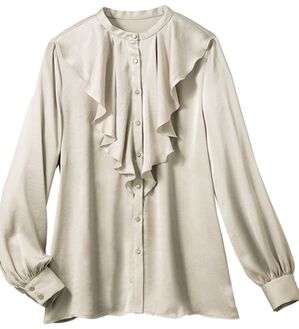 VINNO（ヴィノ）の「＜日本製＞サテンフリル衿ブラウス（ブラウス）」｜ライトグレー