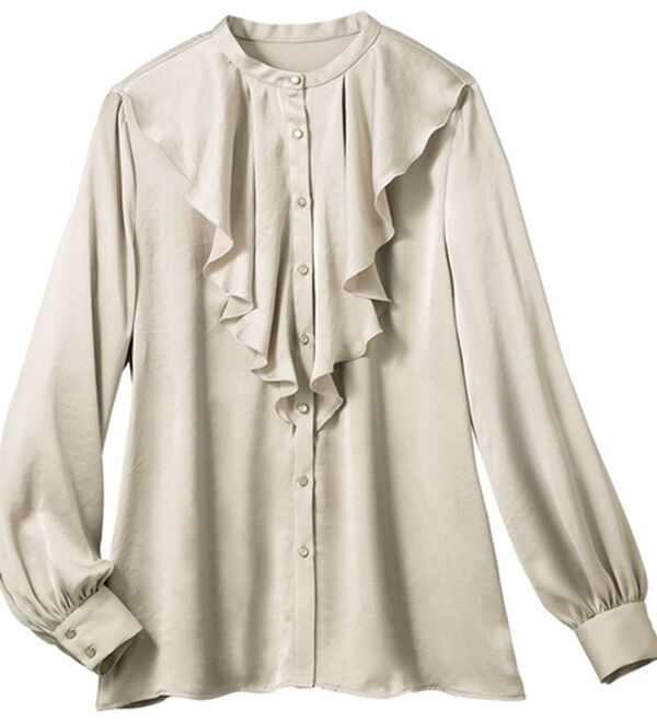 VINNO（ヴィノ）の「＜日本製＞サテンフリル衿ブラウス（ブラウス）」｜ライトグレー