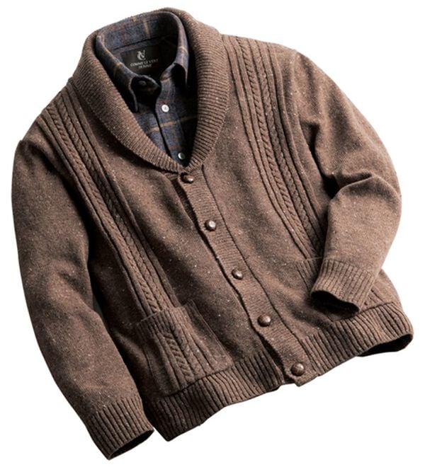 美品 ドルモア ショールカラーリブカーディガン アルパカ混 ロゴボタン ネイビー 日本製 素敵な色彩杢調ショールカラーカーディガン - ベルーナ