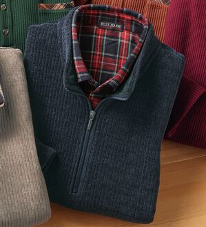 「裏ベロアのお洒落なダブル衿ハーフジップトレーナー（メンズカットソー）」｜ネイビー