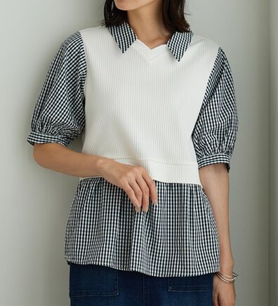 BELLUNA（ベルーナ）の「衿付きVネック異素材切替チュニック（チュニック）」