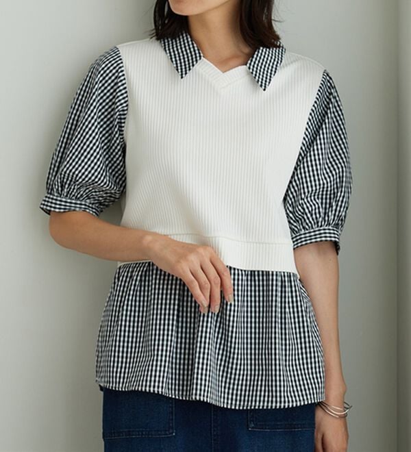 BELLUNA（ベルーナ）の「衿付きVネック異素材切替チュニック（チュニック）」｜オフ白&times;ギンガム