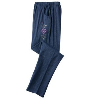 「刺繍デニム調ストレッチパンツ（テーパードパンツ）」｜ブルー