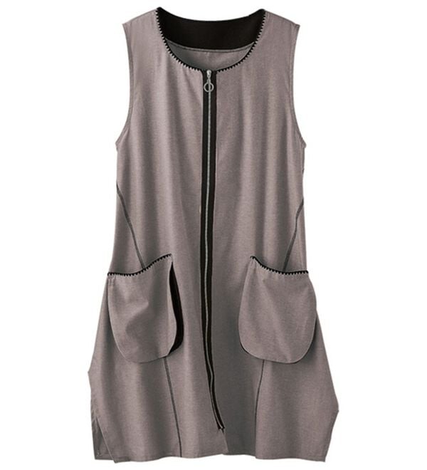 BELLUNA（ベルーナ）の「デニム素材ステッチ使いジャンパードレス（チュニック）」｜モカ系